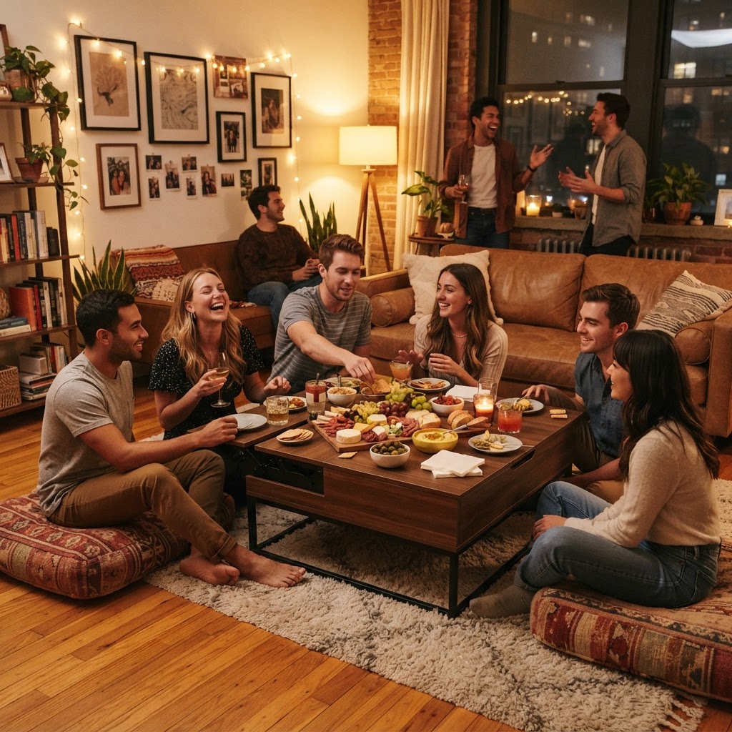 Small-space entertaining setup for cozy gatherings.
