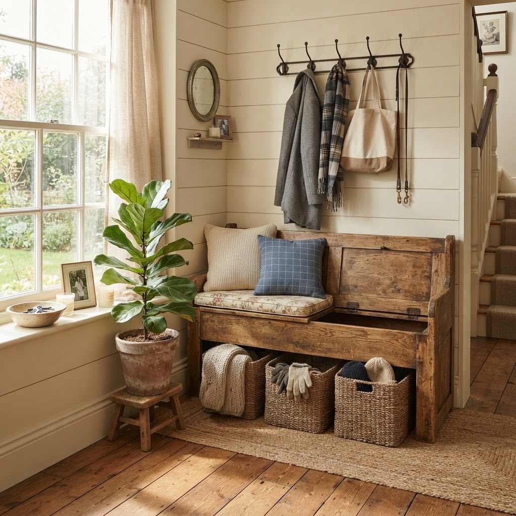 Rustic farmhouse design featuring practical storage baskets.