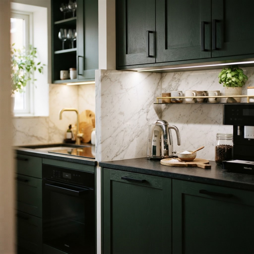 Deep forest green cabinetry provides a sophisticated, moody contrast.