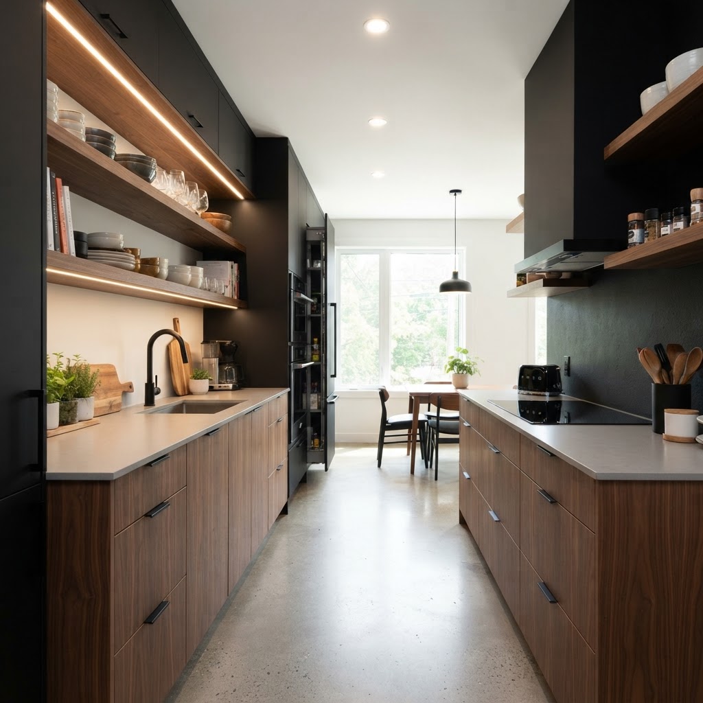 Smart vertical storage and open shelving.