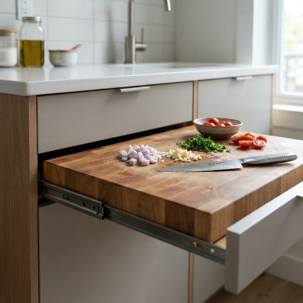Integrated, pull-out storage solutions are essential for small kitchens.