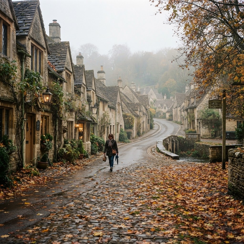 The serene atmosphere of a quiet morning in the village.