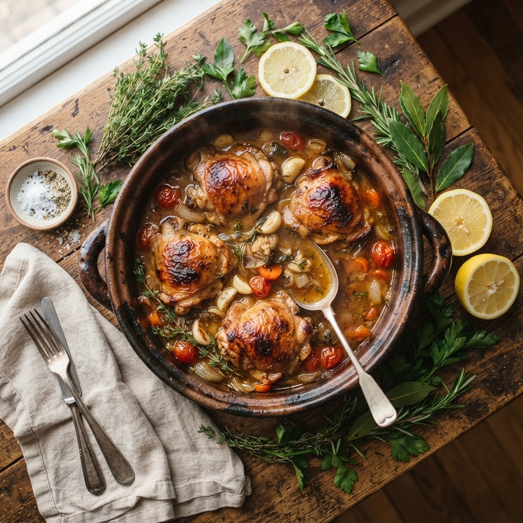 Perfectly juicy slow cooker chicken thighs garnished with fresh herbs.
