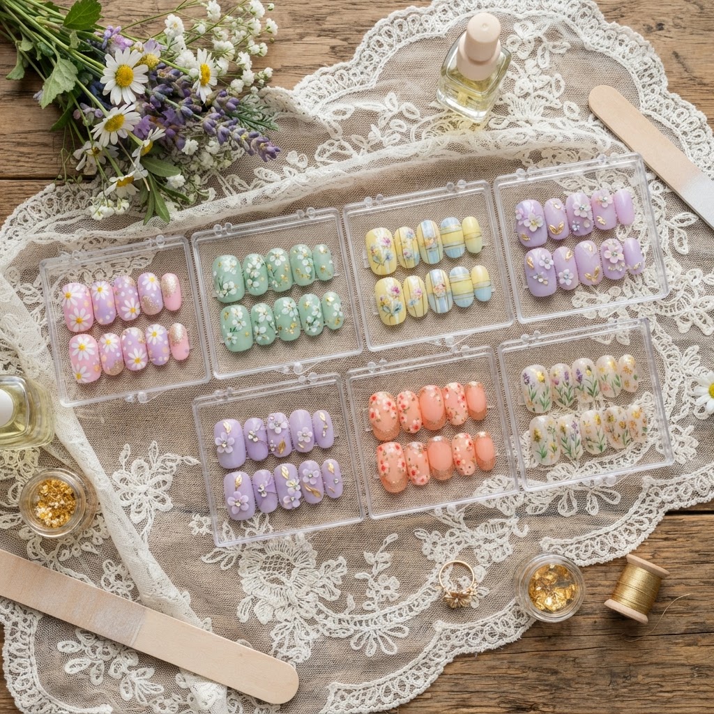 A variety of press-on nail sets ready for spring.