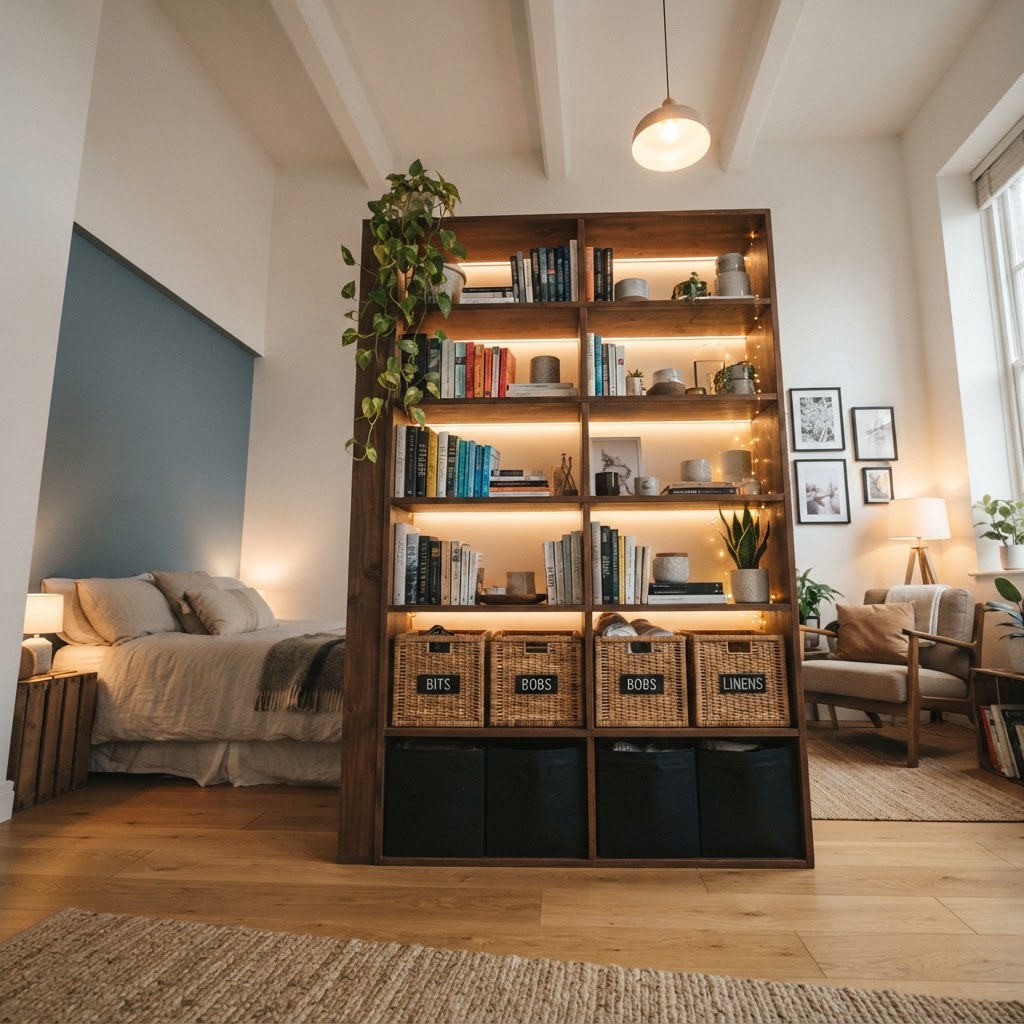 Vertical shelving is essential for maximizing storage in a compact bedroom layout.