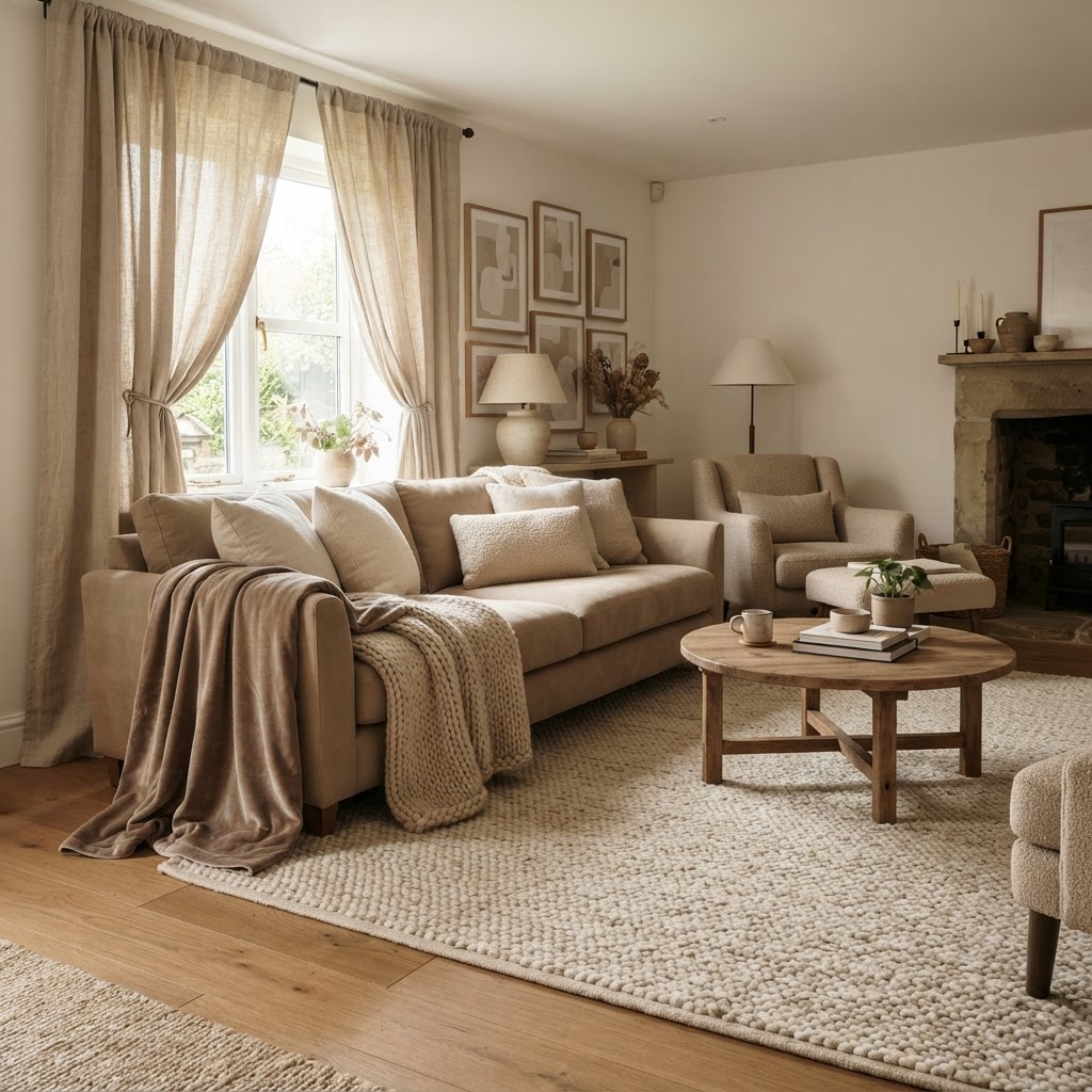 Layering textures is key to making a neutral space feel cozy.