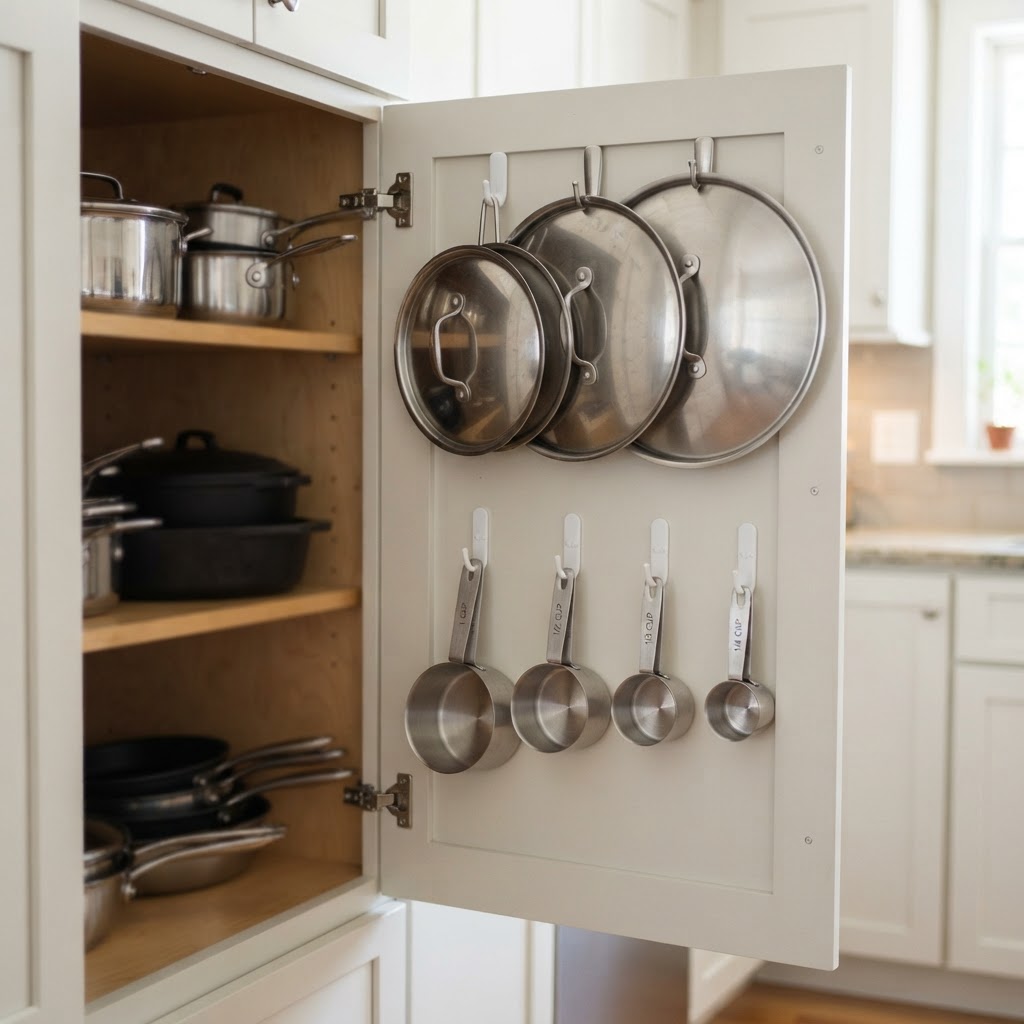 Mounting pot lids on cabinet doors saves shelf space.