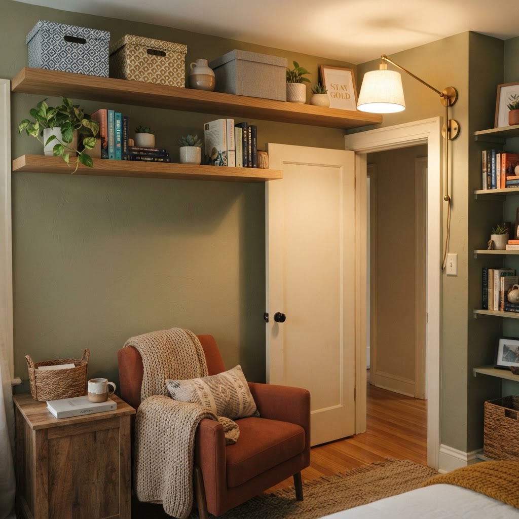 Don't overlook the space above doors for extra storage shelves.