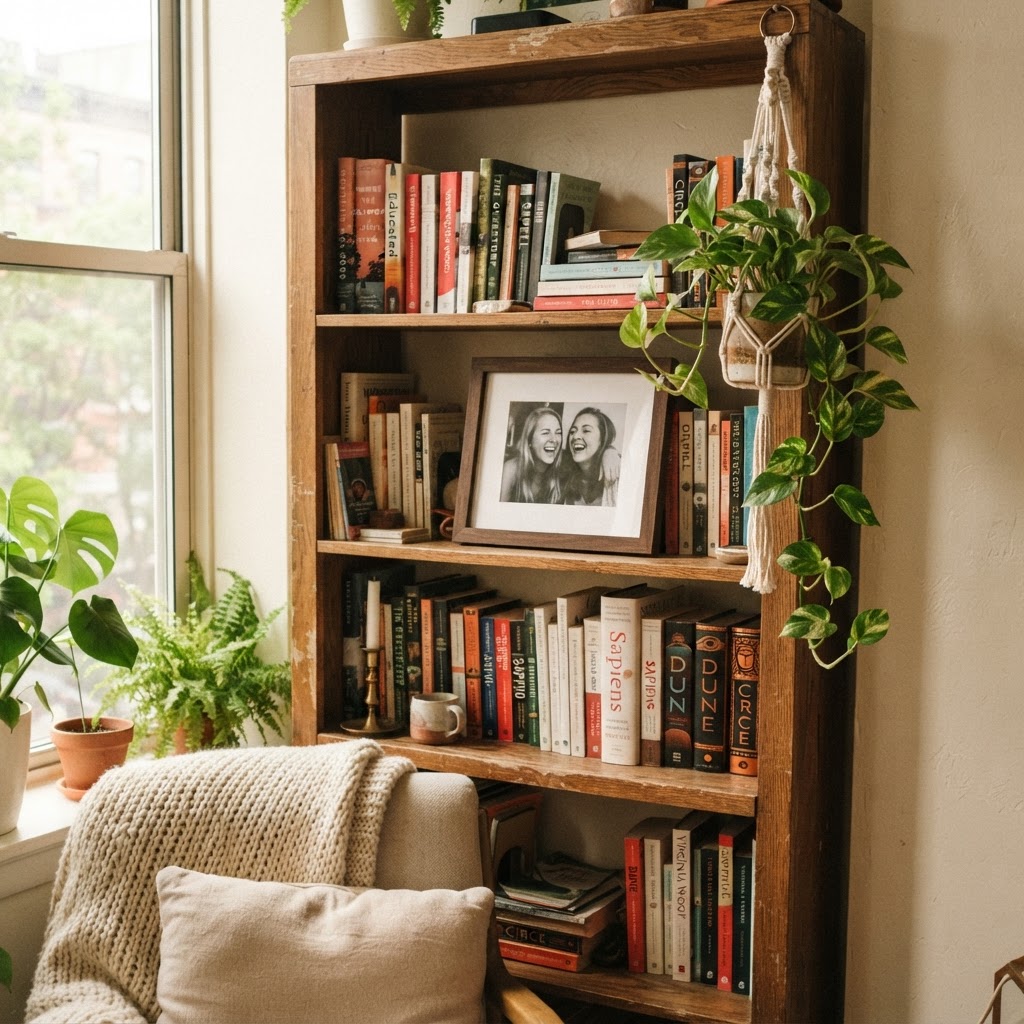 Personalized shelves add character to a sterile rental wall.