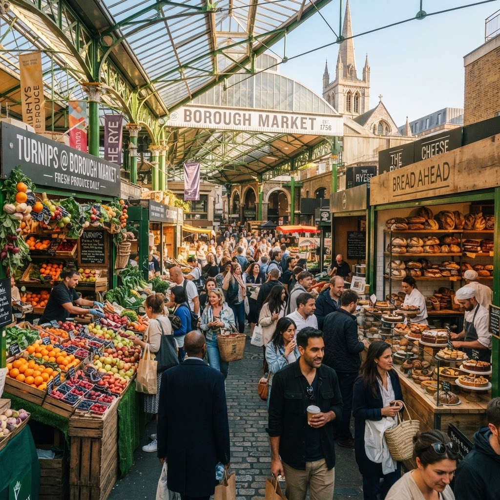 The lively atmosphere of Borough Market is the perfect cure for morning jet lag.