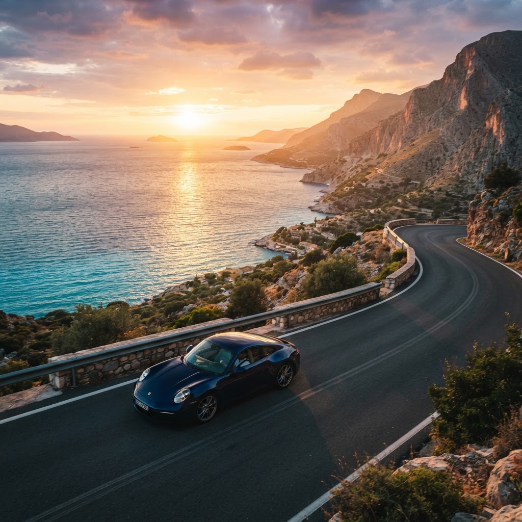 The stunning coastal roads of the Peloponnese at sunset.