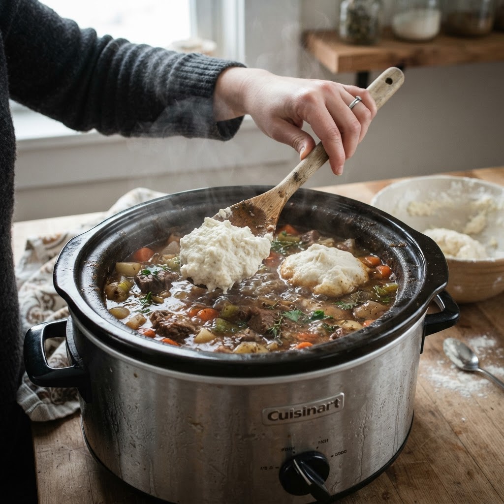 Adding fluffy, homemade dumplings to the slow cooker for the final cooking phase.