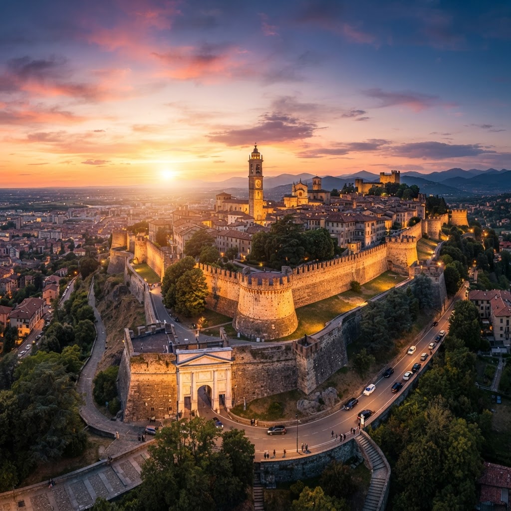 The stunning skyline of the historic Citta Alta, Bergamo's hilltop district.