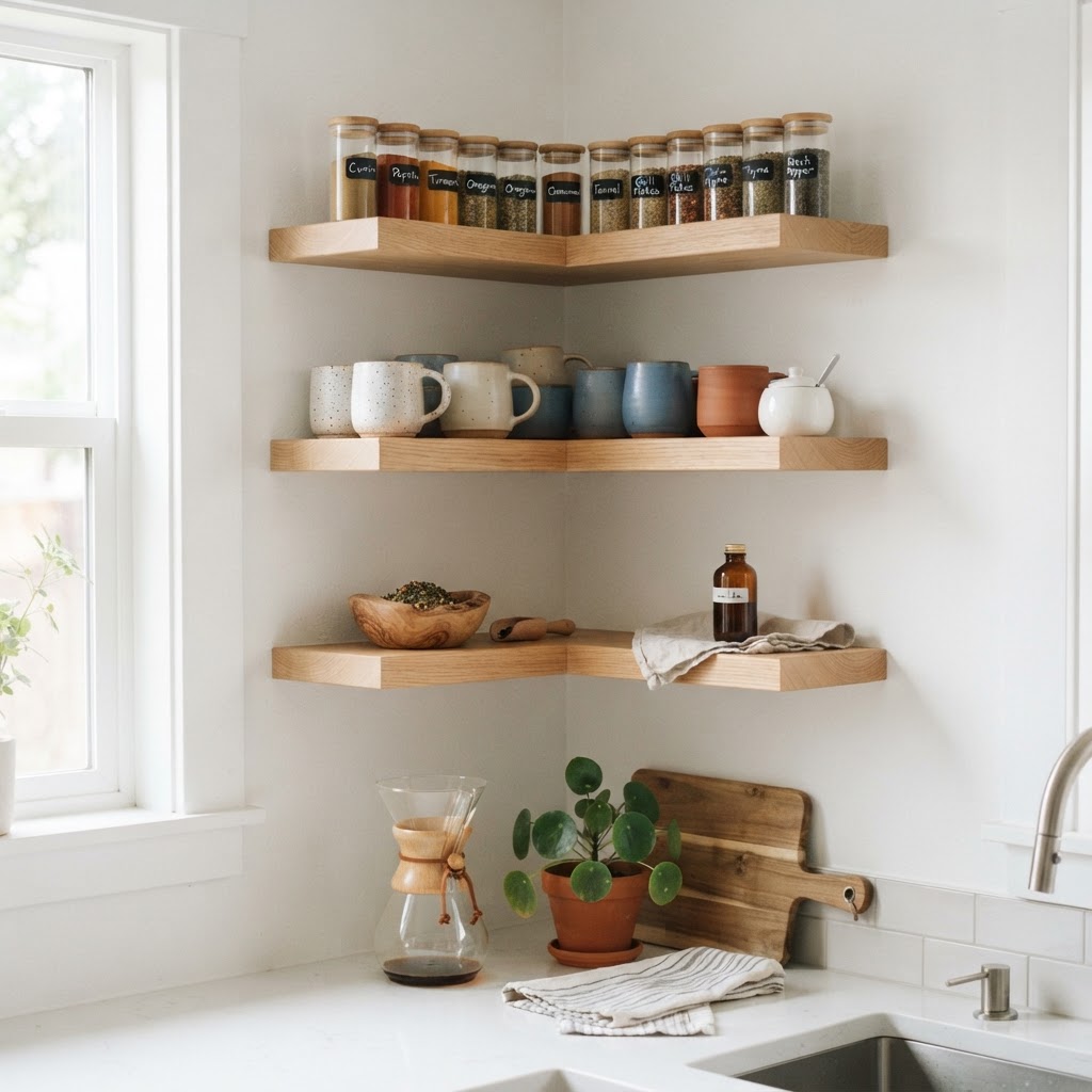 Utilize corner space for accessible kitchen storage.