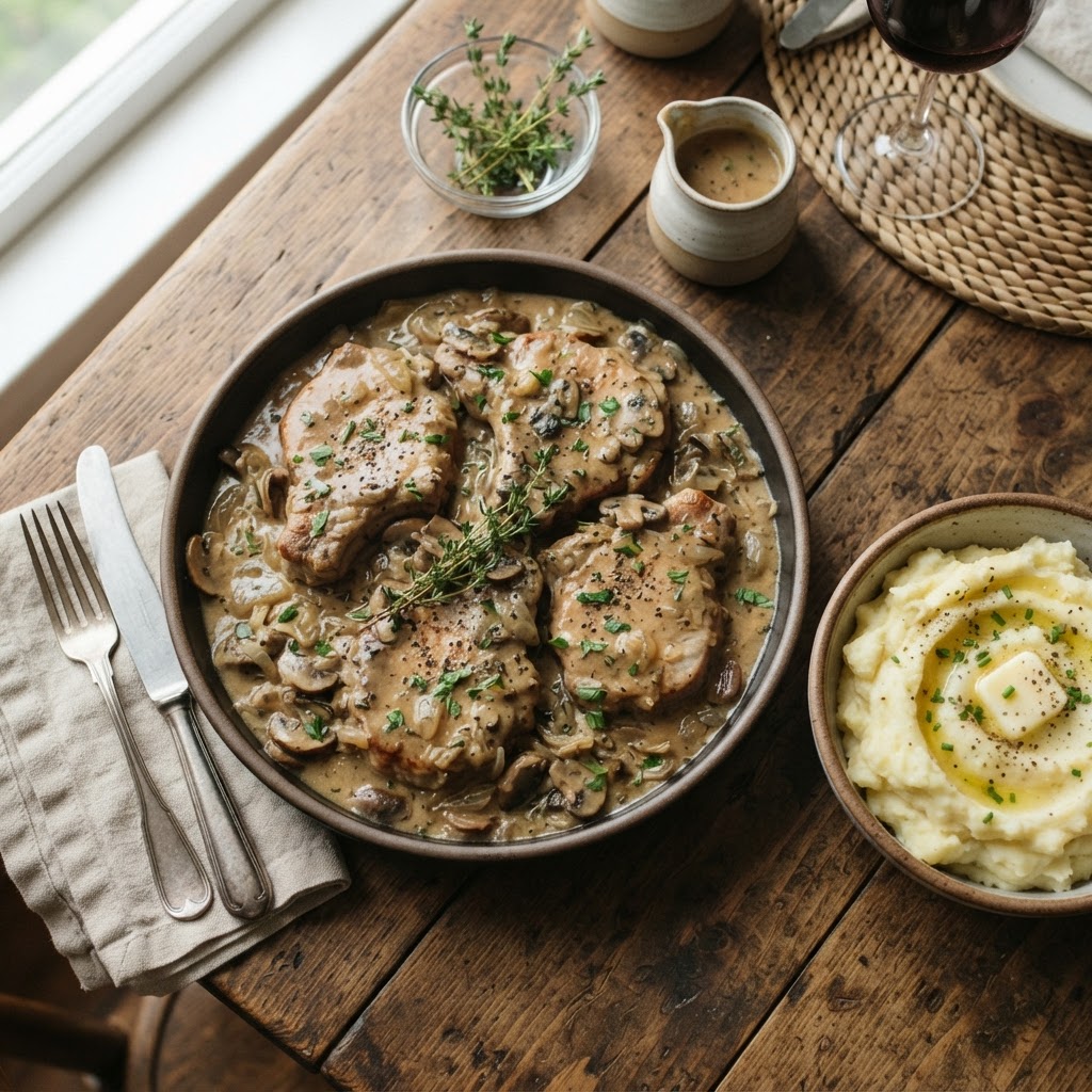 Tender pork chops served with a rich, creamy mushroom gravy.