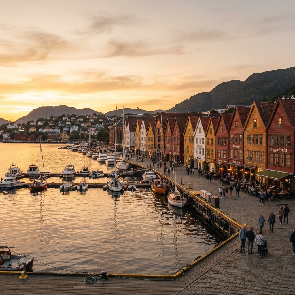 The vibrant facade of Bryggen glowing during a Bergen sunset.
