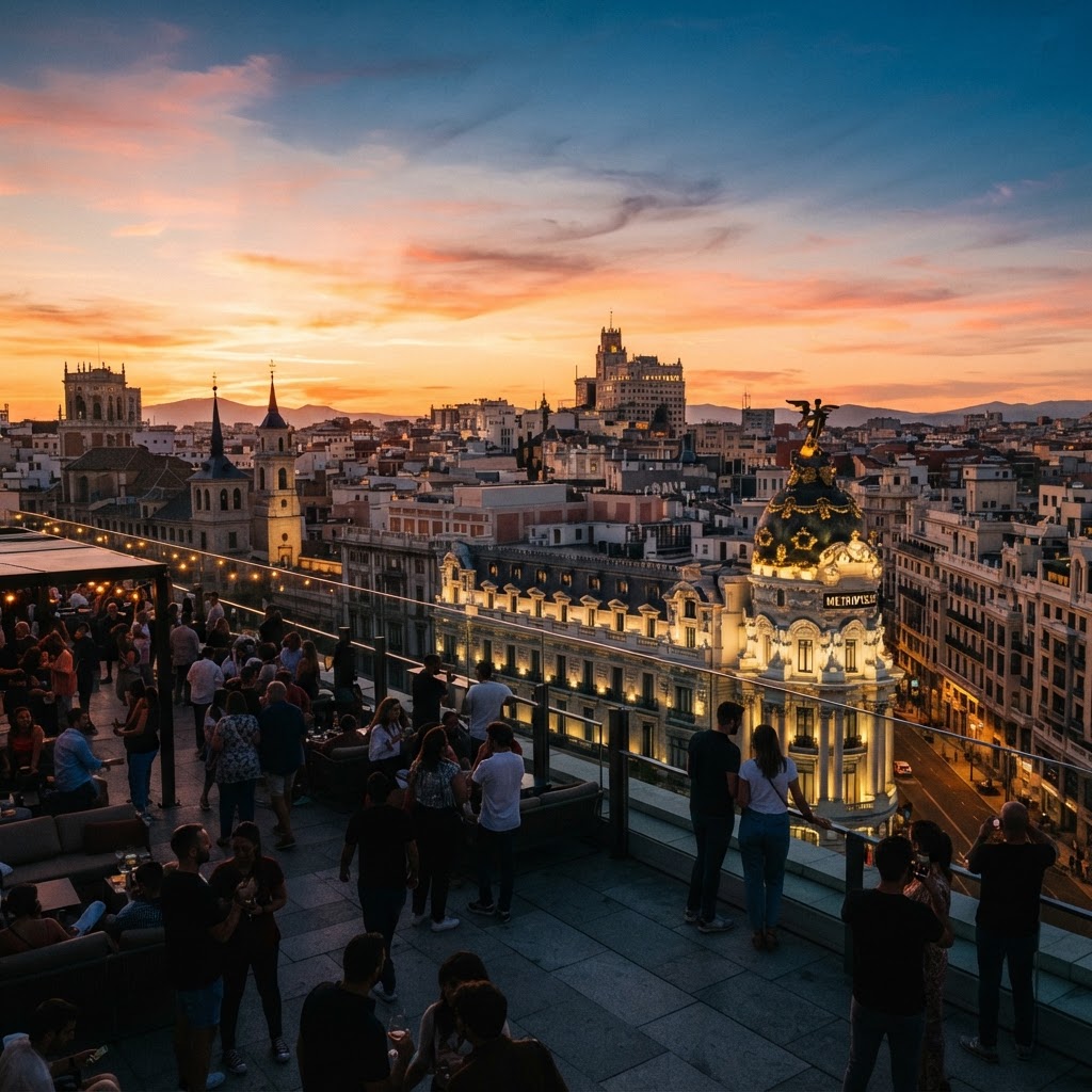 The iconic sunset view from the Círculo de Bellas Artes rooftop terrace.
