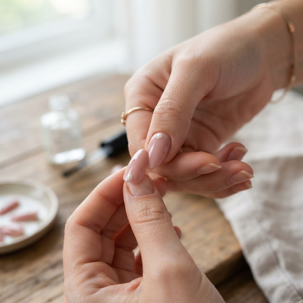 Step-by-step application of press-on nails for a salon-quality finish.