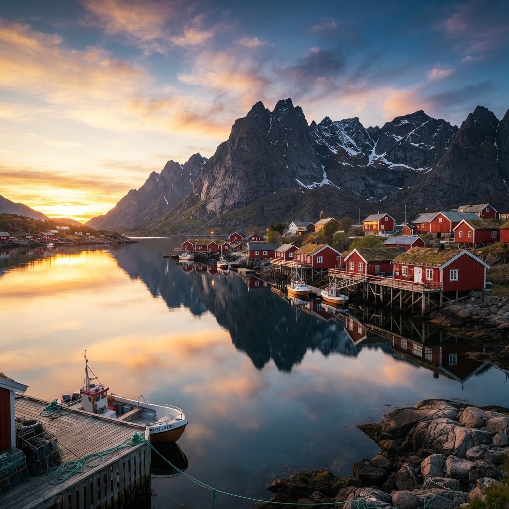 The iconic red cabins of Reine reflected in the still fjord water.