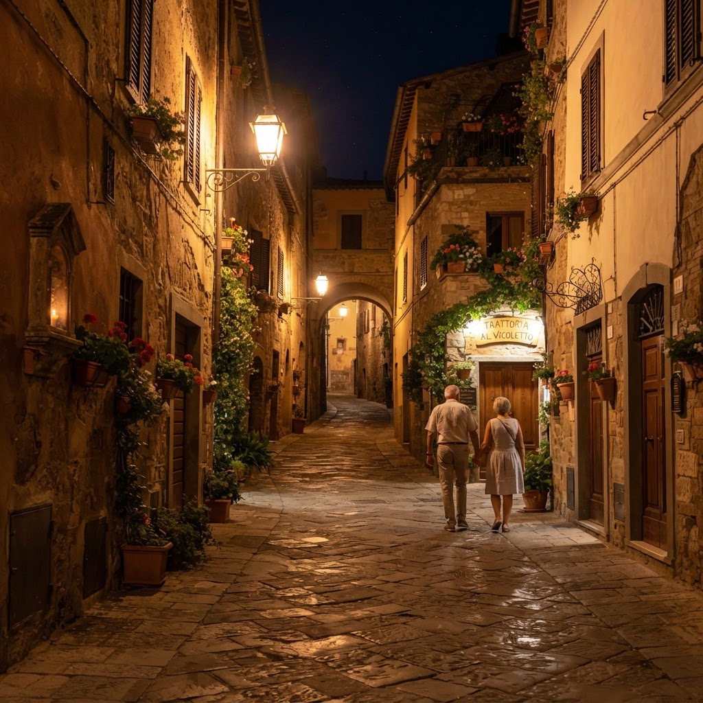 The timeless charm of Italian streets after the sun sets.