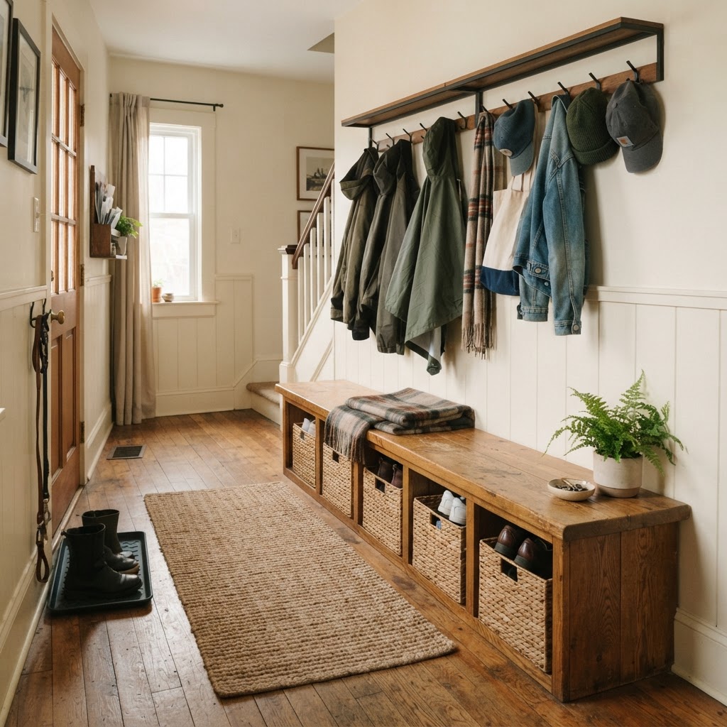 A functional storage bench offers seating while keeping shoes hidden.