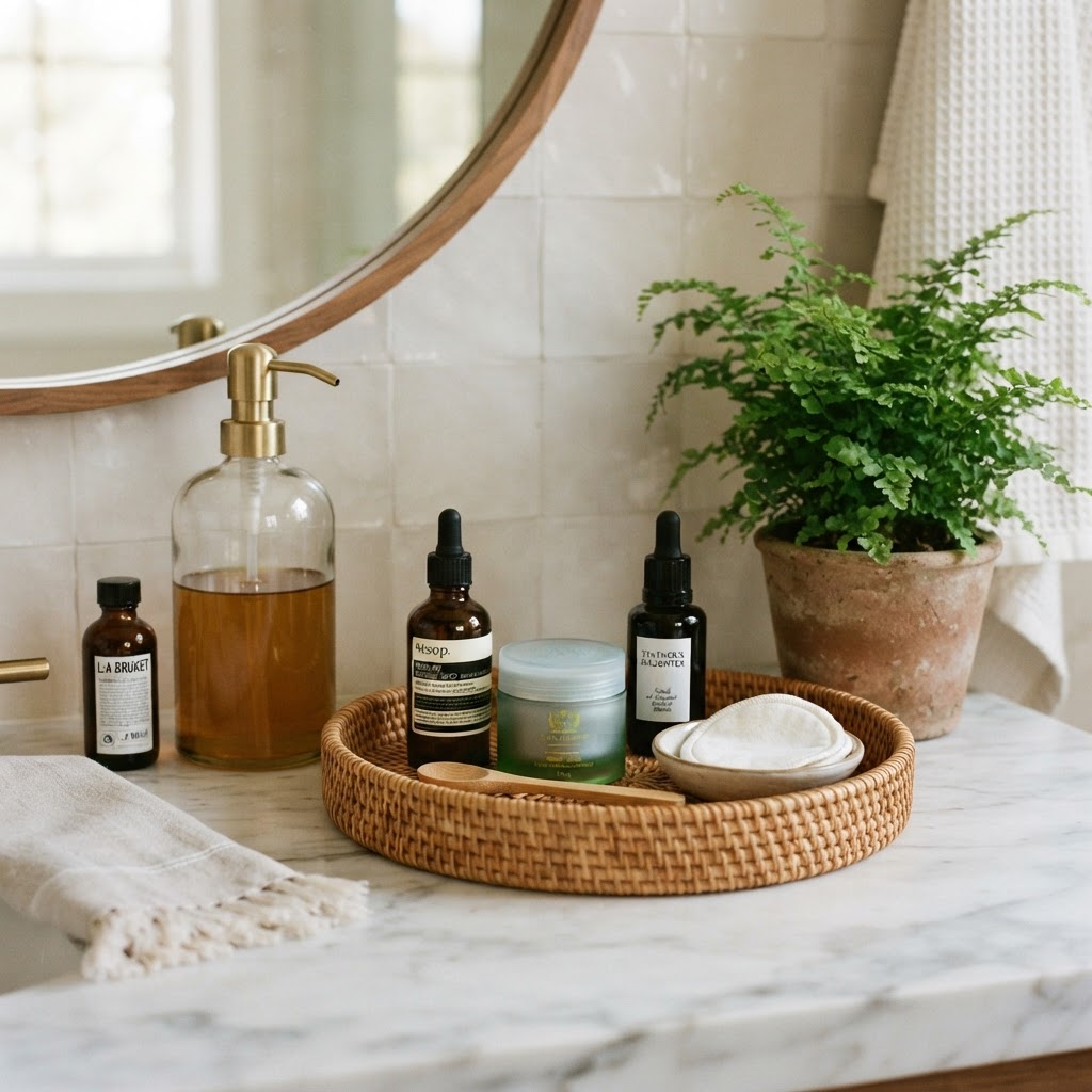 Curated vanity accessories bring a spa-like feel.
