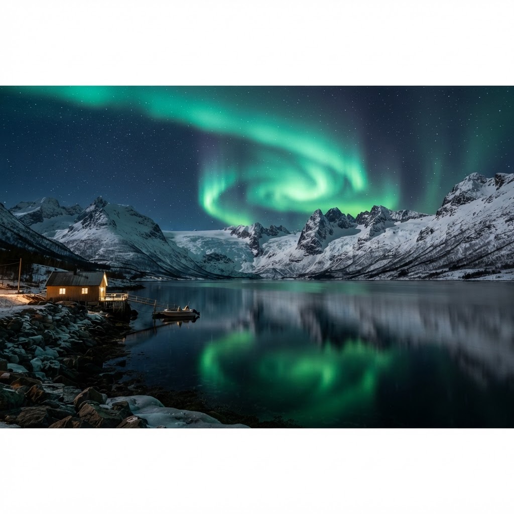 The breathtaking dance of the Aurora Borealis over a tranquil Norwegian fjord.