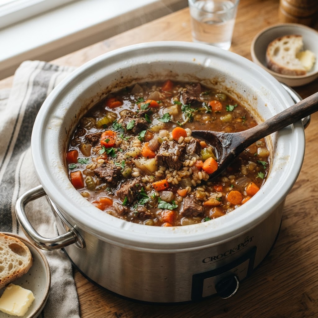 Preparing a thick, hearty beef stew in the slow cooker.