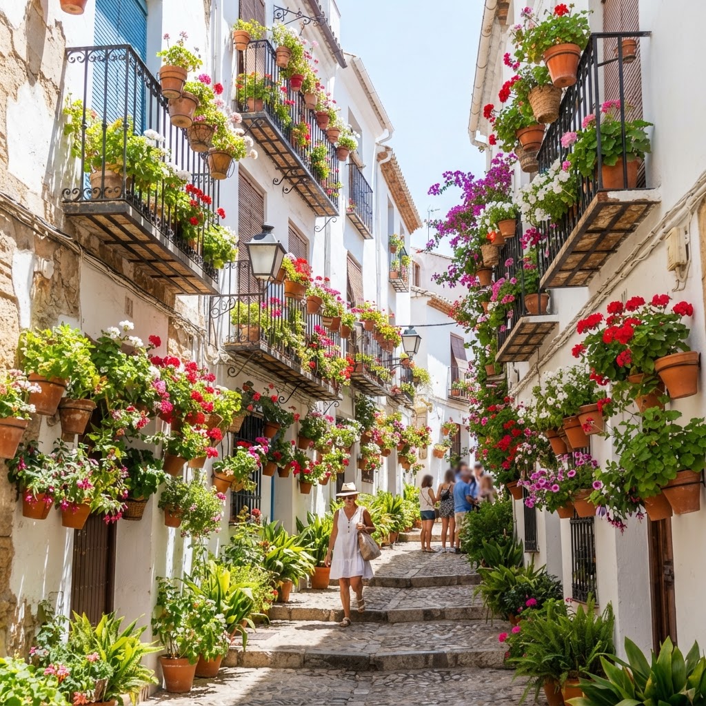 Vertical garden displays in historic towns create a living painting.