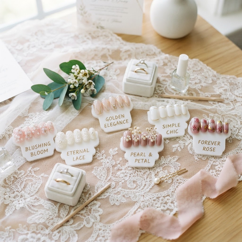 Diverse bridal nail styles ranging from soft pink florals to minimalist chic.