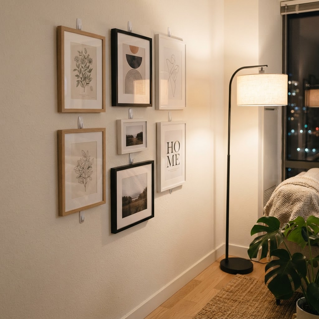 Use adhesive hooks to create a gallery wall without leaving any holes.