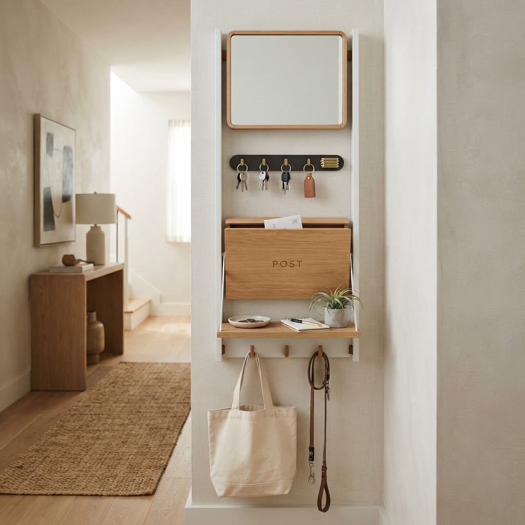 A wall-mounted landing zone keeps small essentials like keys and mail organized and accessible.
