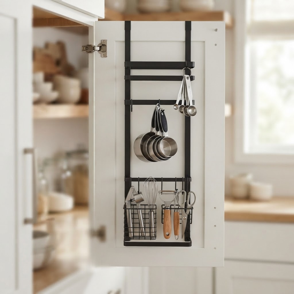 Utilize cabinet doors to keep small kitchen tools within reach.