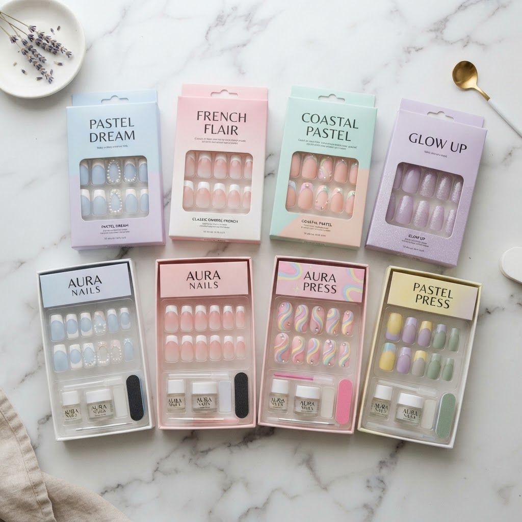 Curated collection of pastel French tip press-on nail sets, ideal for at-home manicures.