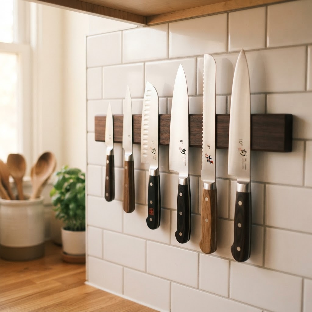 Magnetic knife strips keep blades organized and off your limited counter space.