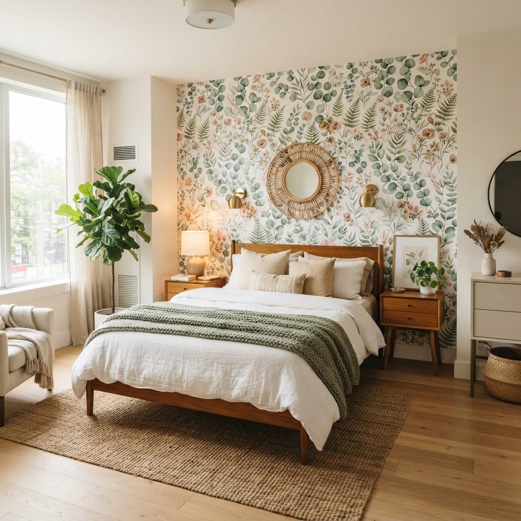 Modern botanical wallpaper creates a calming focal point in a rental bedroom.