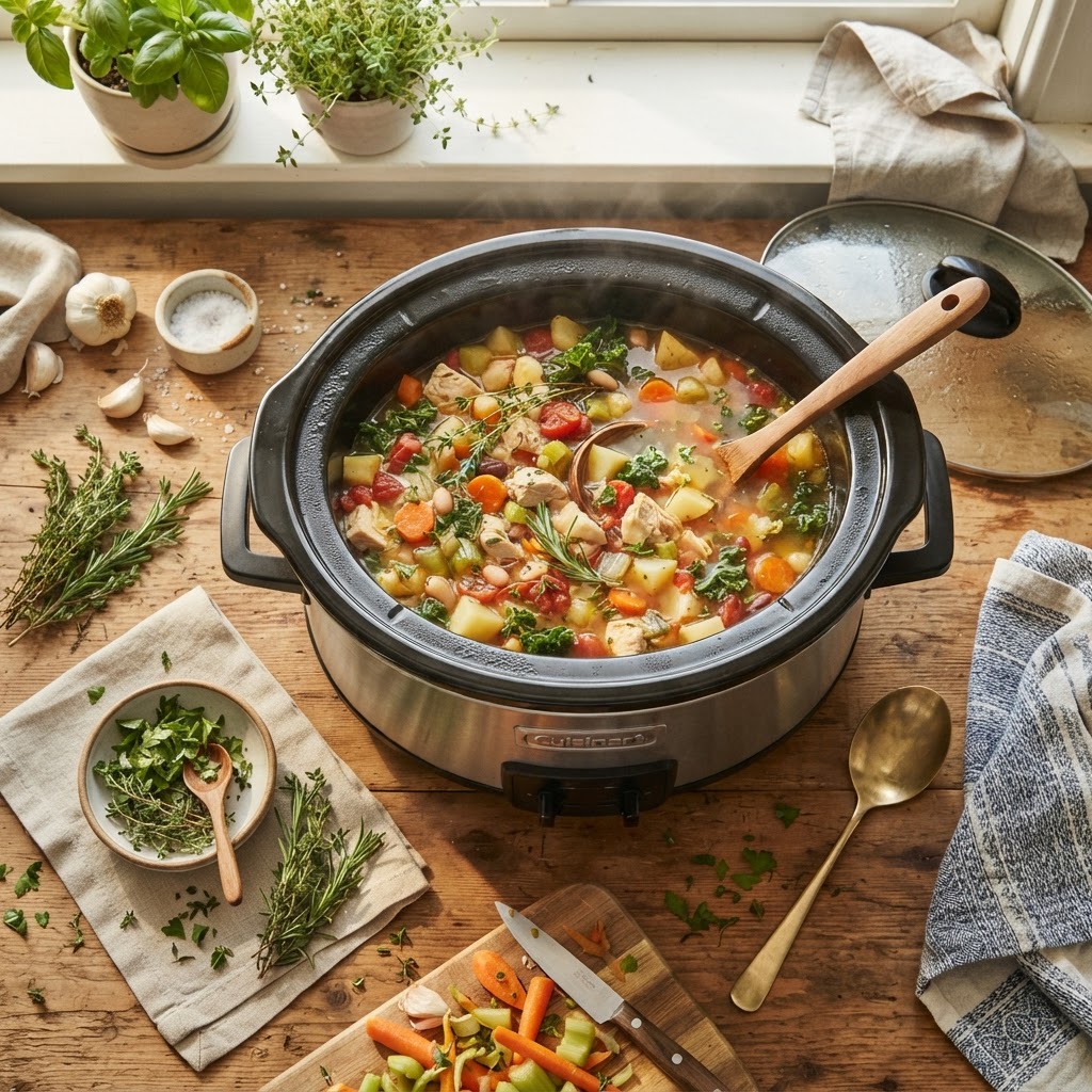 Fresh ingredients being added to the slow cooker.