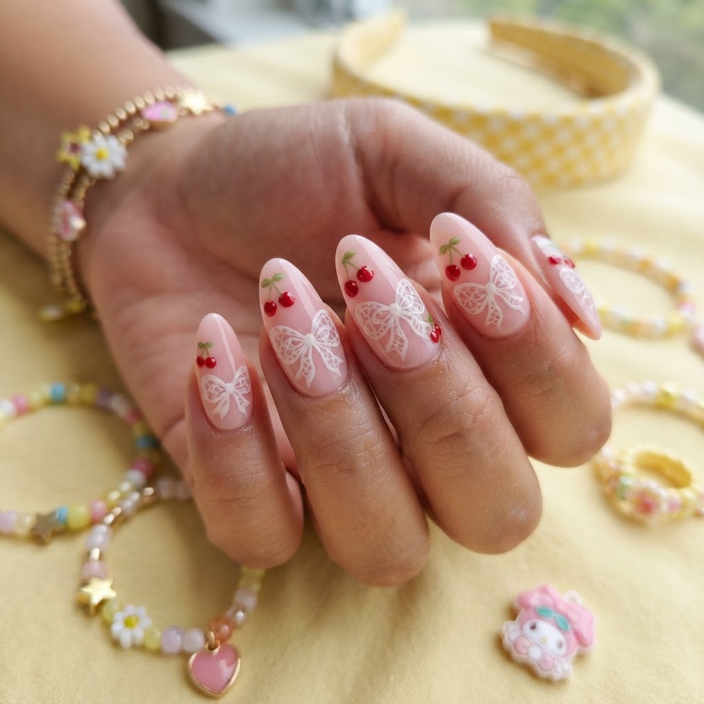 Cute coquette-inspired nails with cherry and lace details.