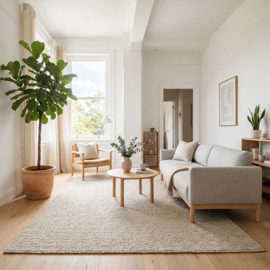 Bright, airy layout using light-toned furniture to open up the space.