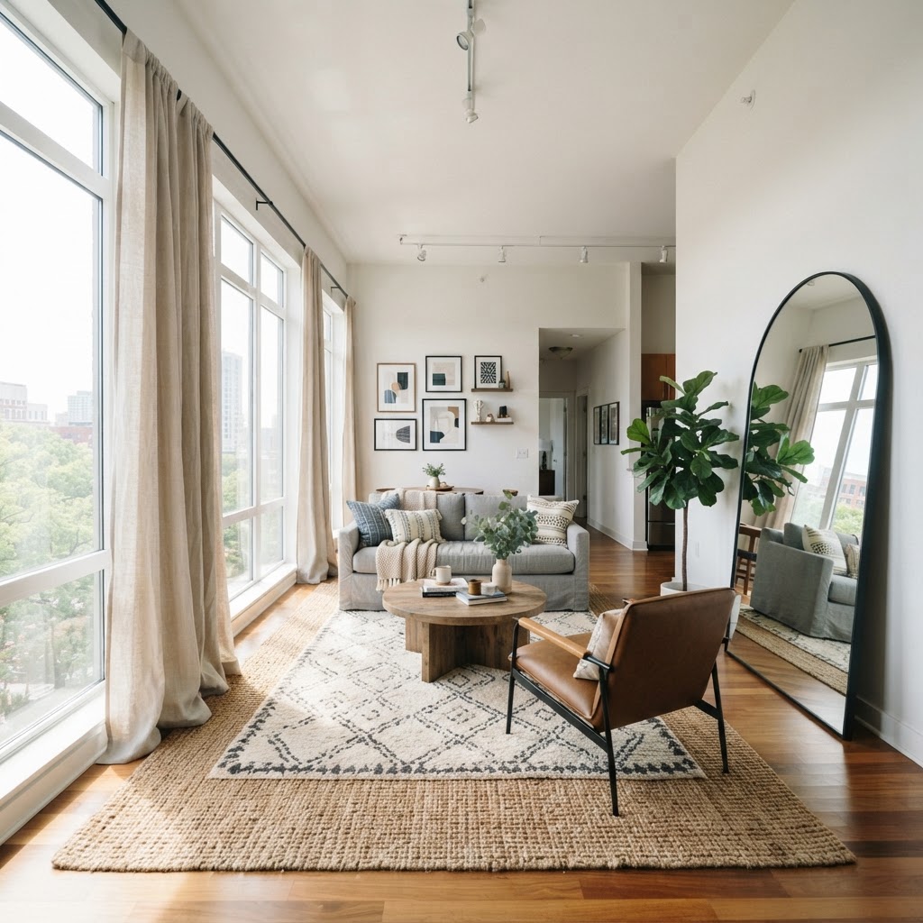Maximize your space by mounting curtains high to create the illusion of tall ceilings.