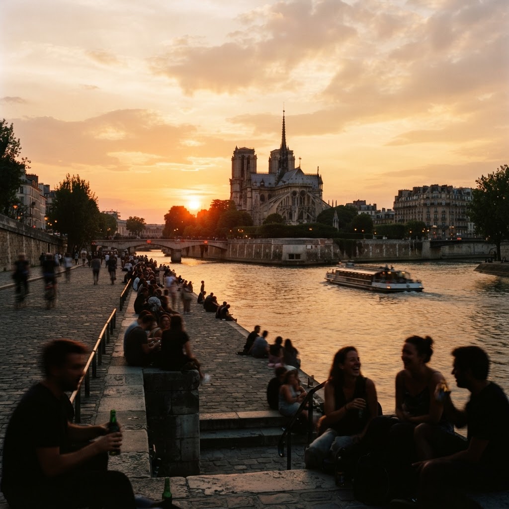 Paris Picnic by the Seine: The Ultimate Summer Guide 3 The iconic Paris glow during the golden hour on the riverbanks.