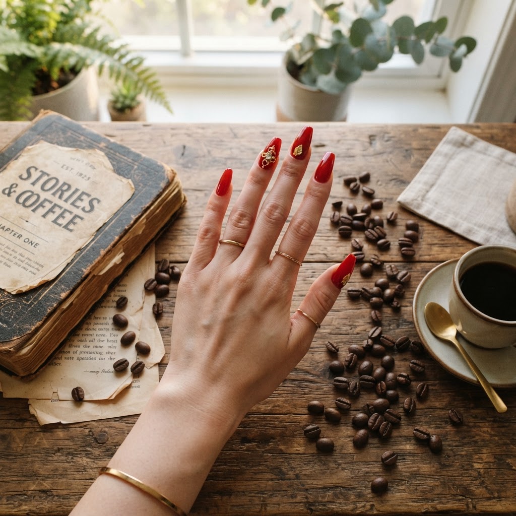 Elegant coffin-shaped cherry red nails paired with gold charms for a boujee aesthetic.