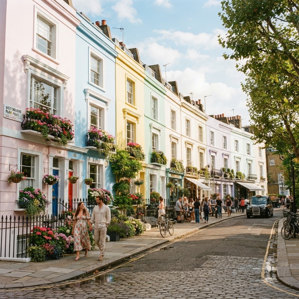 The iconic pastel-colored houses of Notting Hill.