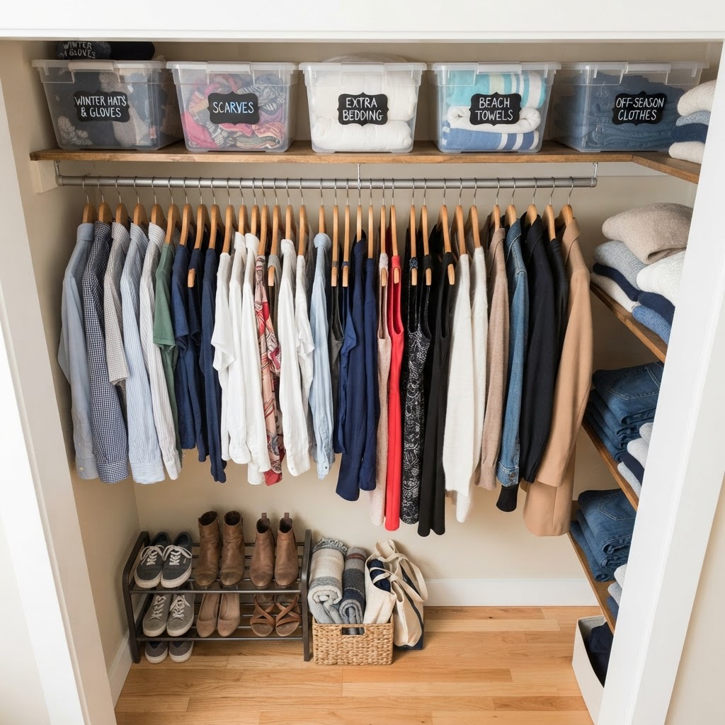 Double your closet efficiency with tension rods and clear storage bins.