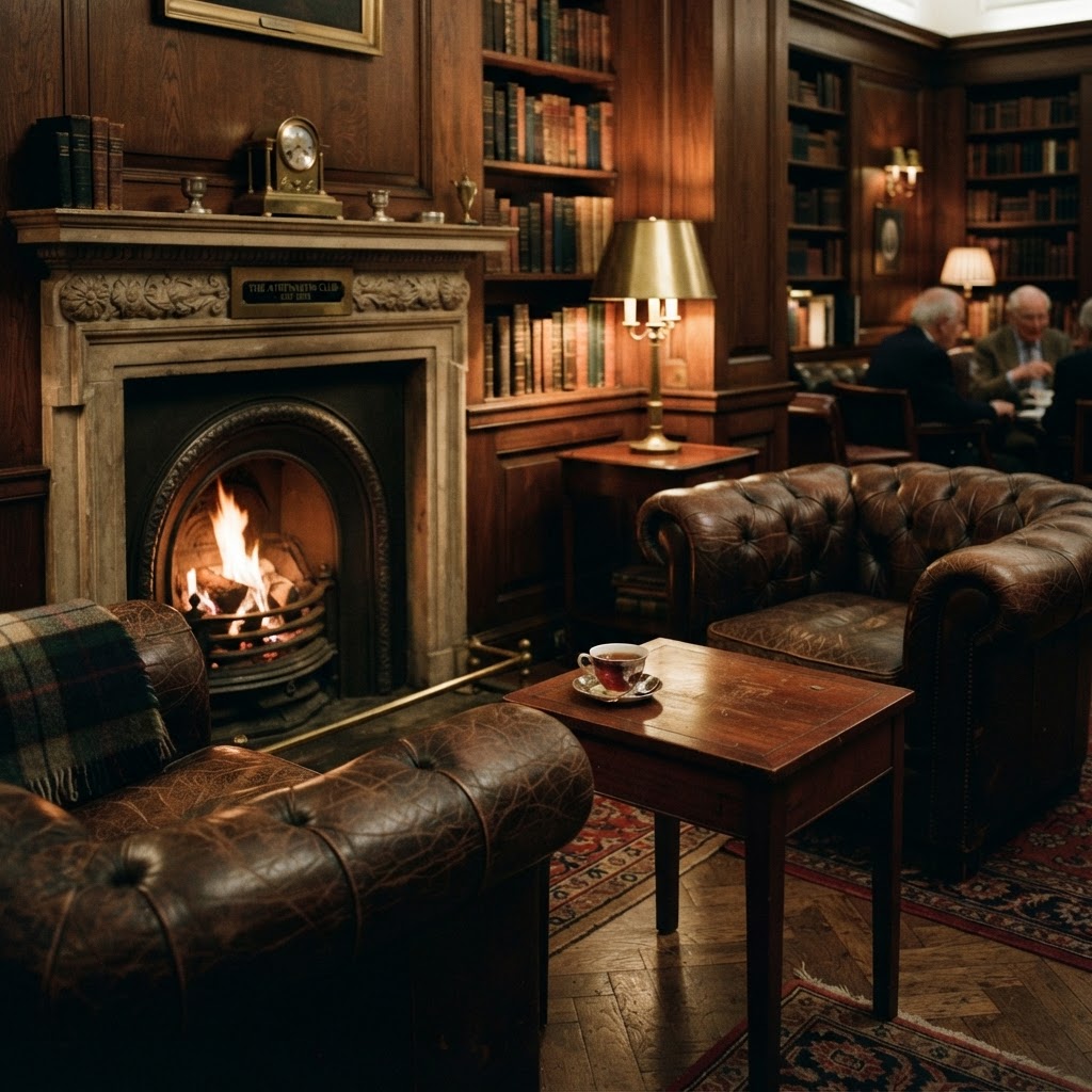 Inside an exclusive, historic London members club.