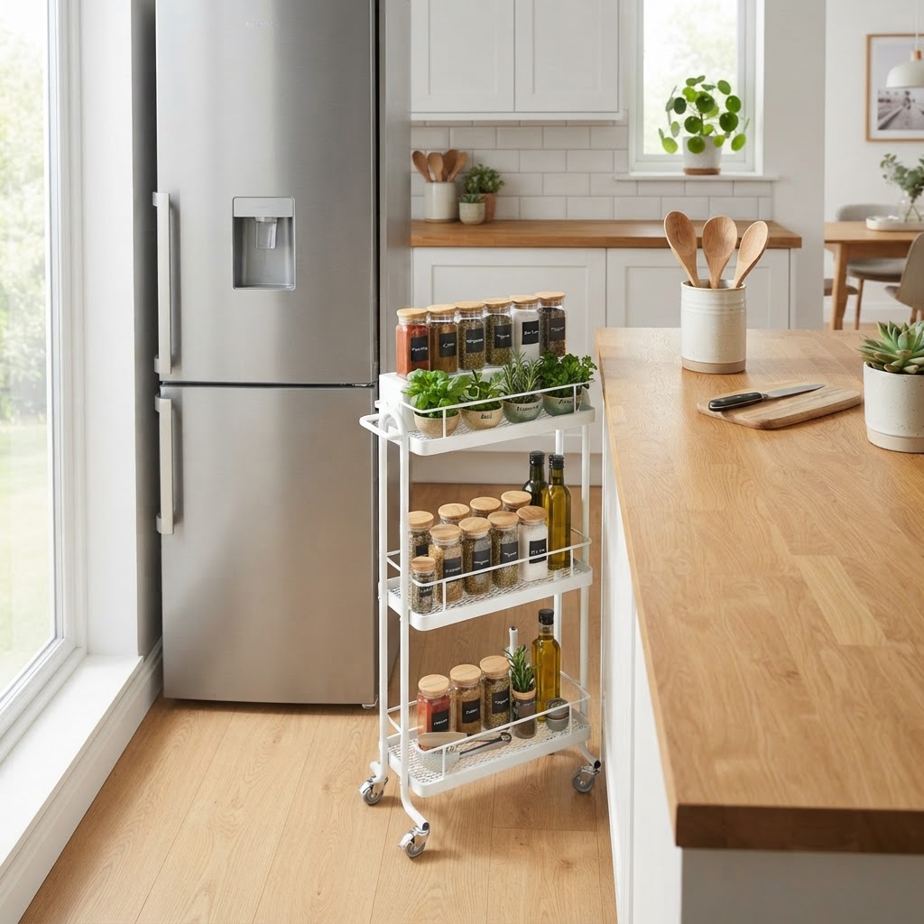 A slim rolling cart effectively utilizing the gap between kitchen appliances.