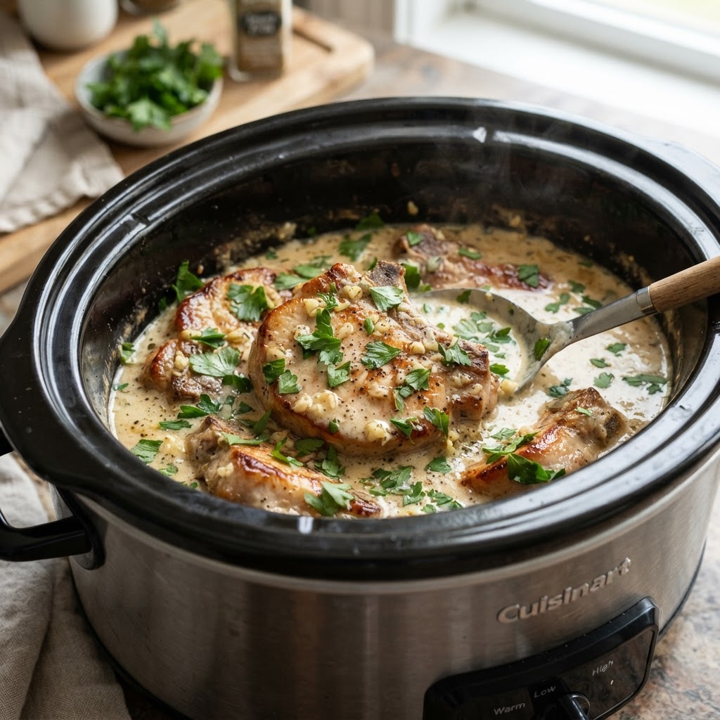 Tender pork chops simmering in a rich garlic ranch sauce.