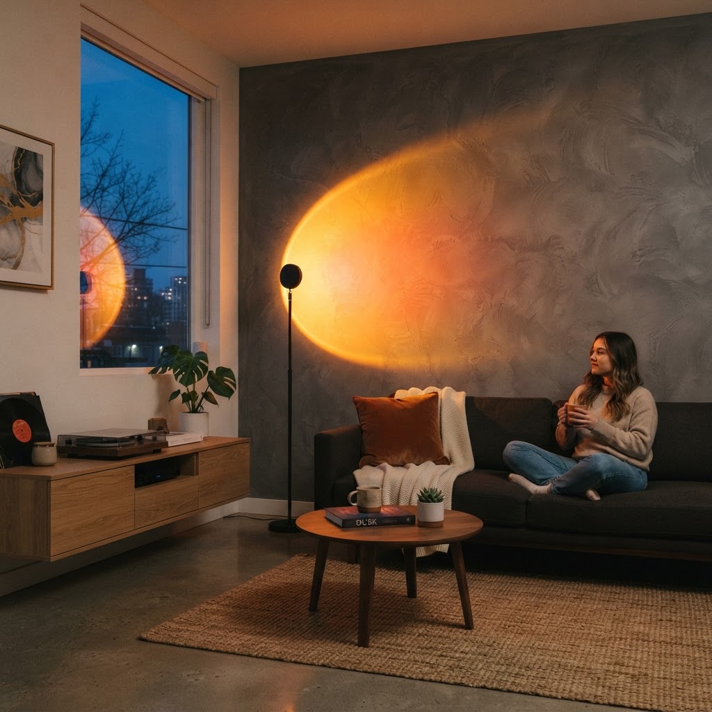 A sunset lamp creates a warm, inviting glow on a living room wall.