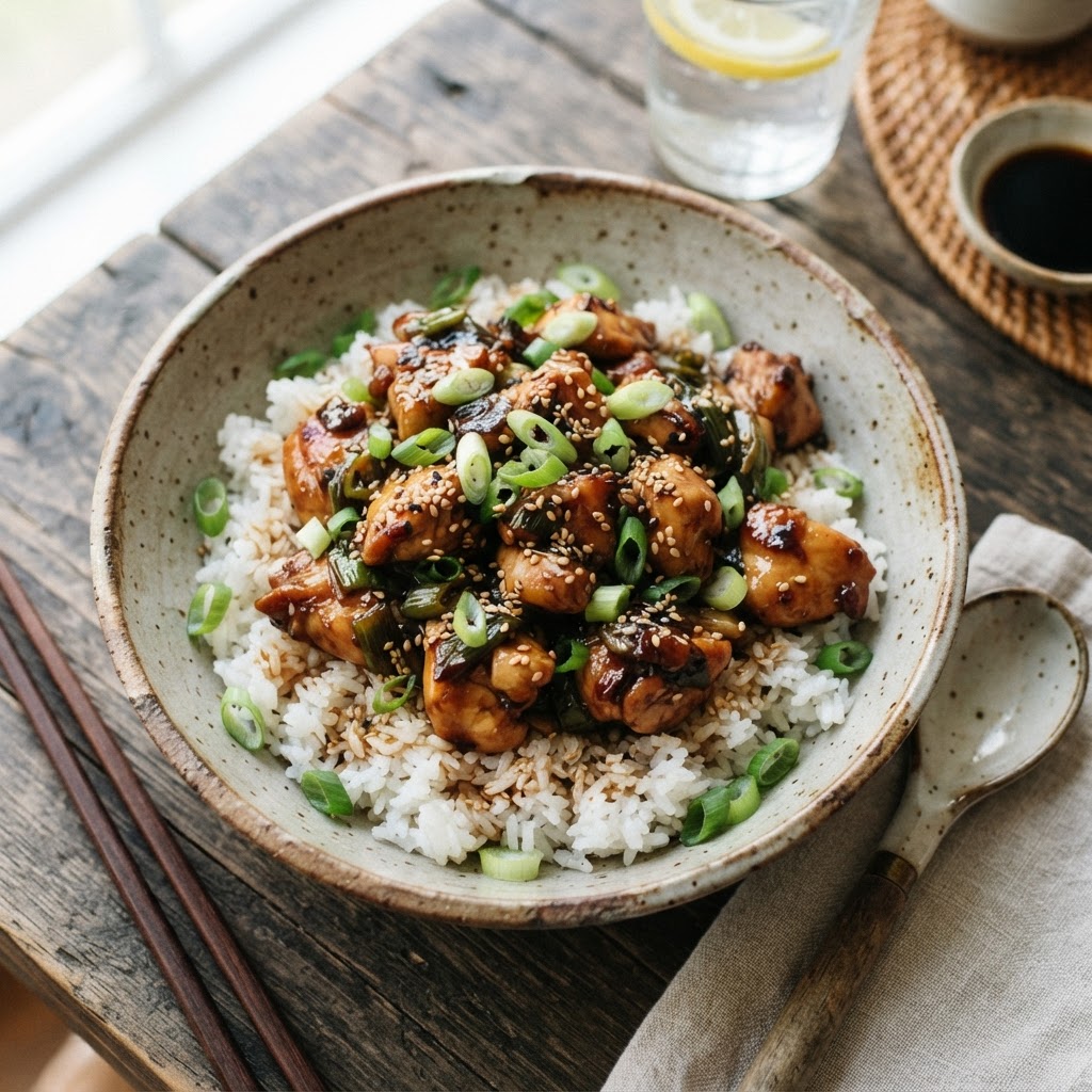 A delicious finished bowl of slow cooker teriyaki chicken garnished with sesame seeds and scallions.