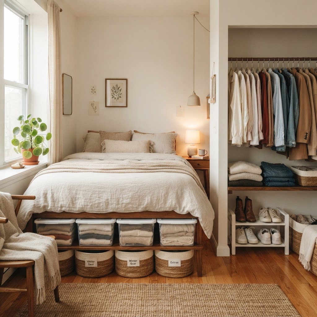 Keep your bedroom clutter-free by maximizing under-bed storage and slim closet organizers.